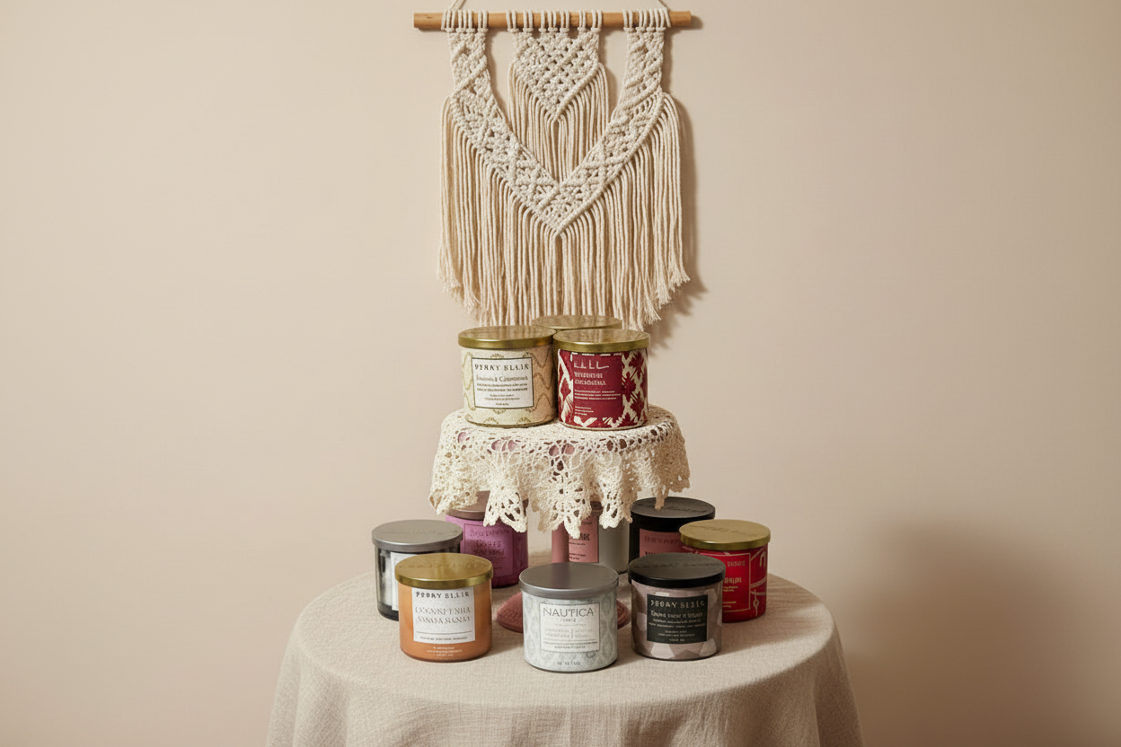 Collection of candles on a small table with a macrame wall hanging in the background.
