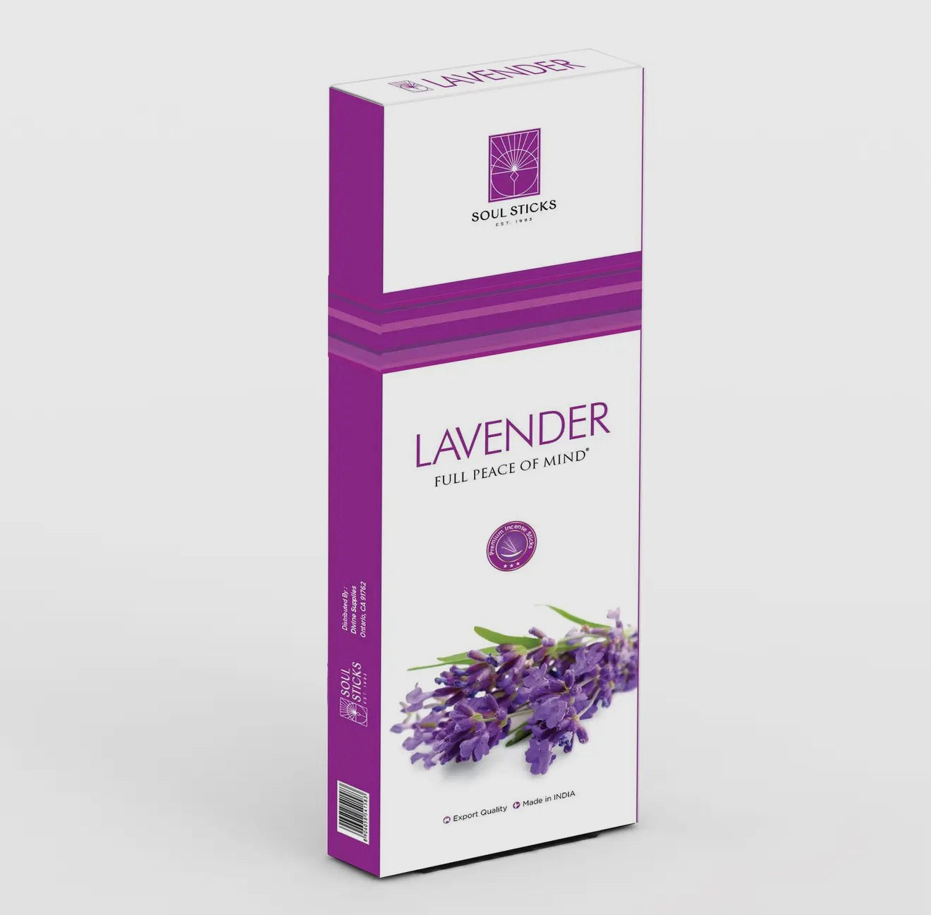 Lavender incense with branding on a light gray background
