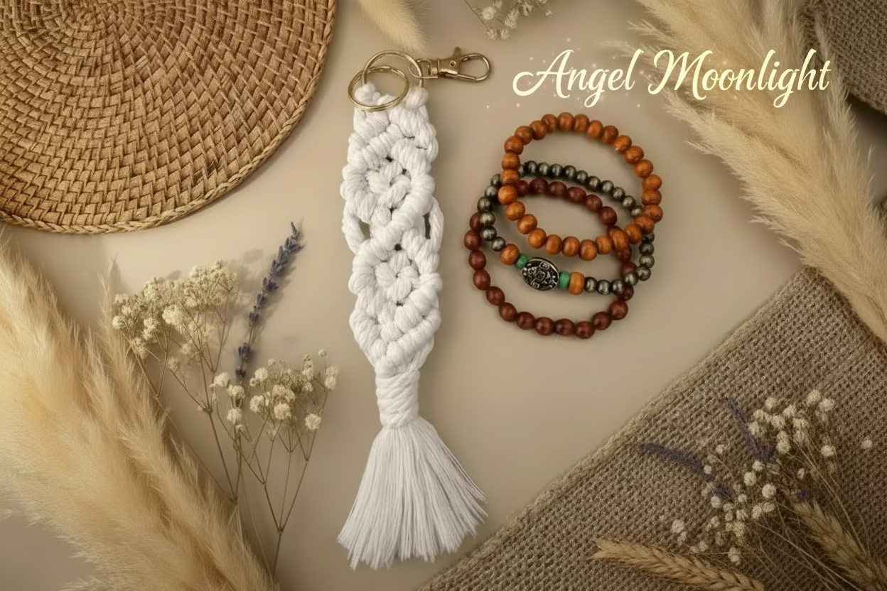White macrame keychain, wooden beads, and dried plants on a textured surface