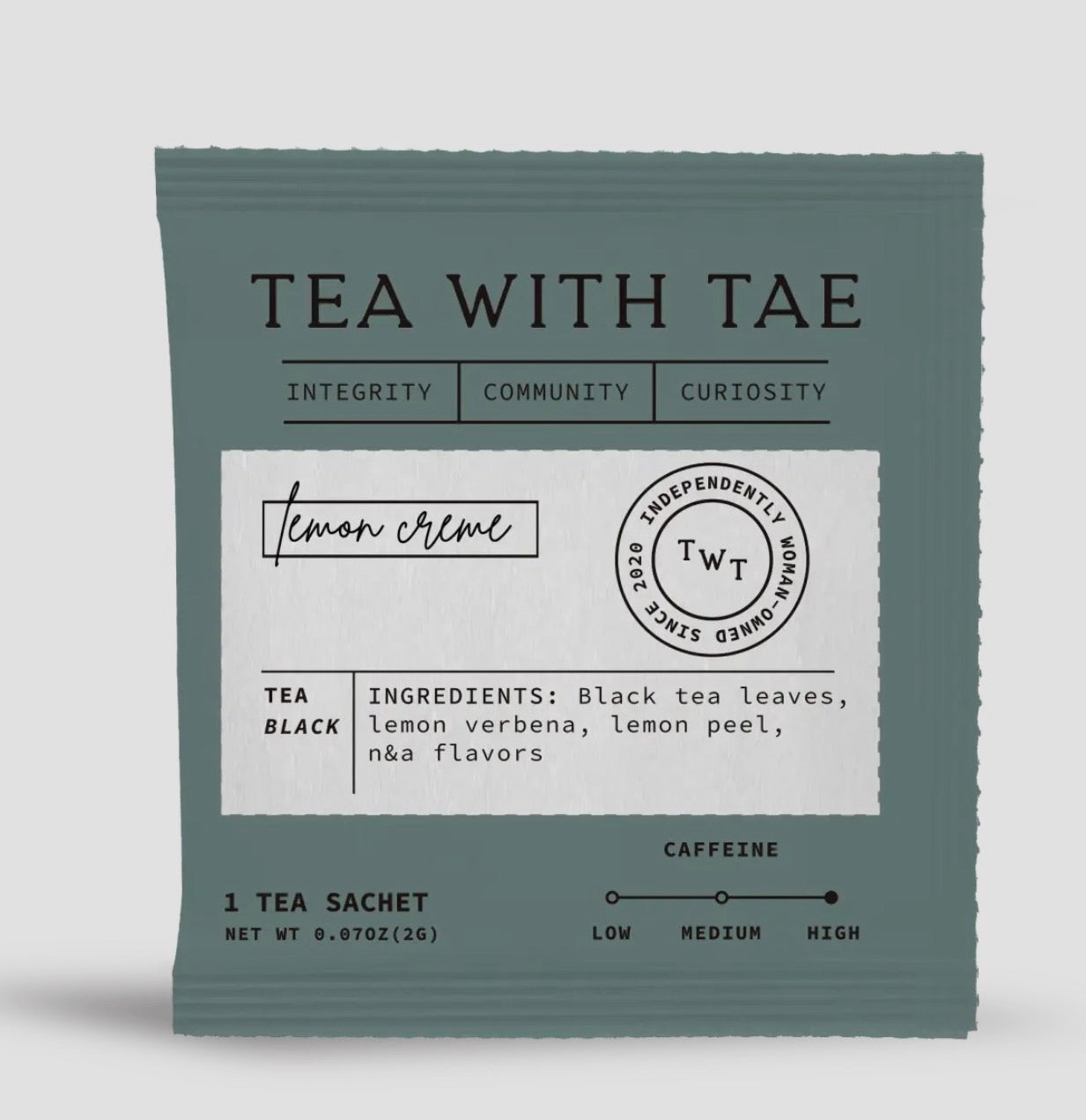 Tea package with 'Tea with Tae' branding on a light gray background