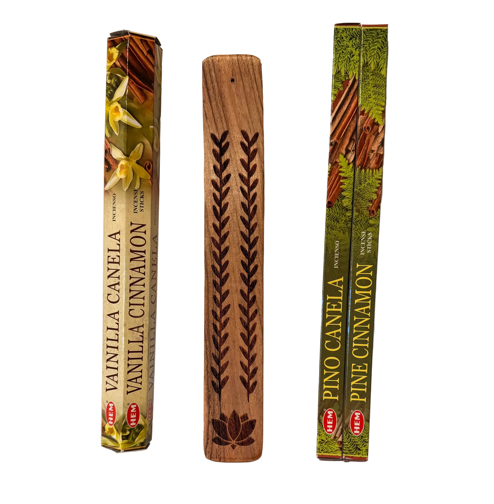 Vanilla cinnamon and pine cinnamon incense with a wooden lotus incense burner on a white background