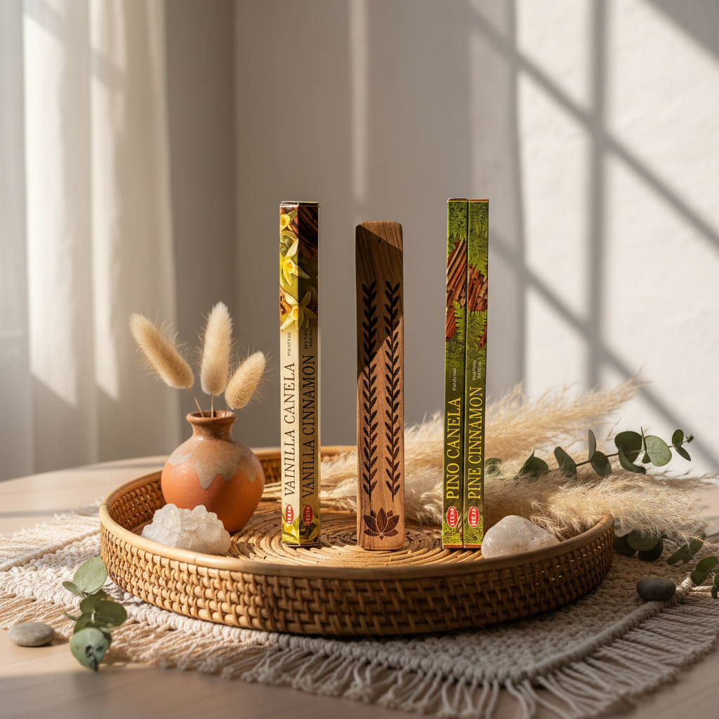 Vanilla cinnamon and pine cinnamon incense with a wooden lotus incense burner on a BoHo background