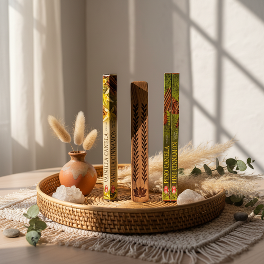 Vanilla cinnamon and pine cinnamon incense with a wooden lotus incense burner on a BoHo background
