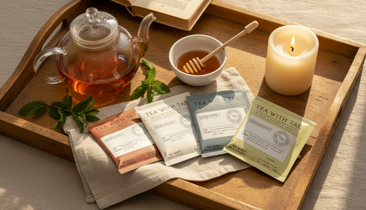 Tea with Tae packaging on a wooden tray with a teapot, cup of tea, honey, and candle.