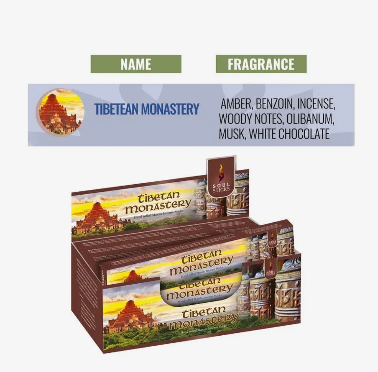 Tibetan Monastery incense packaging with product display and fragrance description.