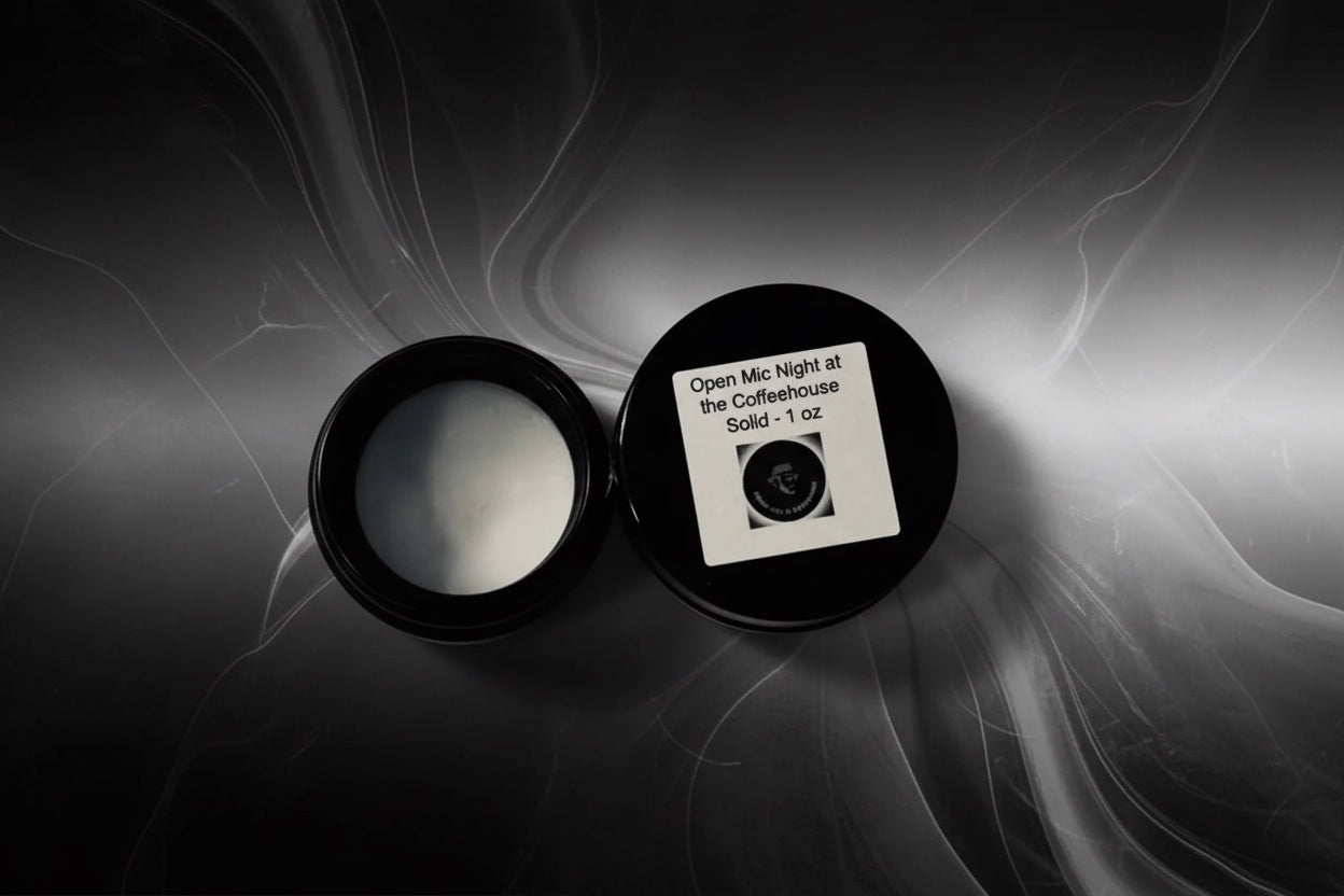 Solid fragrance essential oil cologne with a label on a dark background