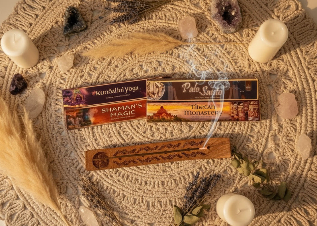 Soul Sticks Incense sticks on a textured surface with candles and plants. Ethereal by Lez. 