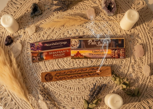 Soul Sticks Incense sticks on a textured surface with candles and plants. Ethereal by Lez. 