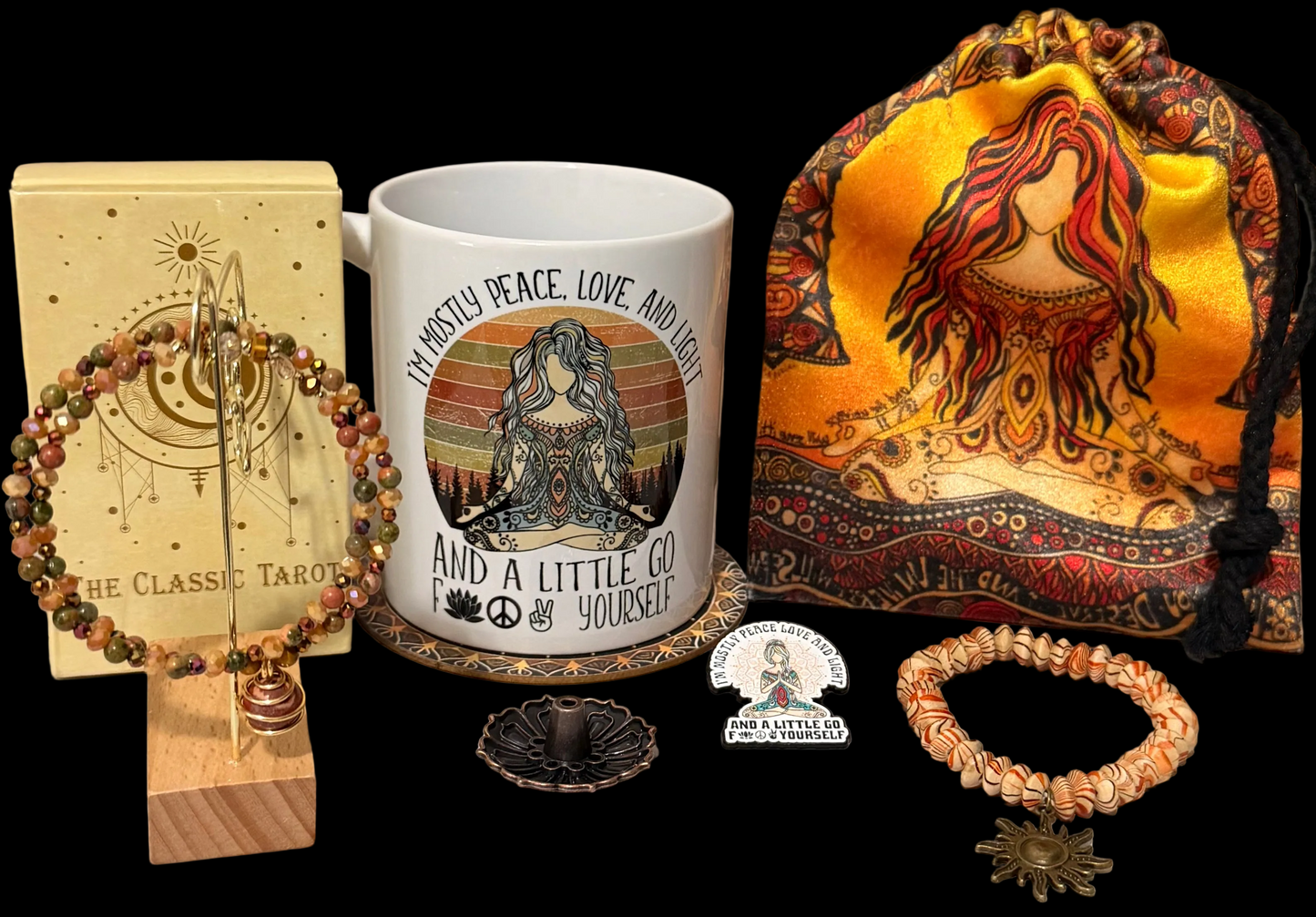 Ritual set velvet bag, peace, love and light mug, custom jewelry tarot cards on a black background