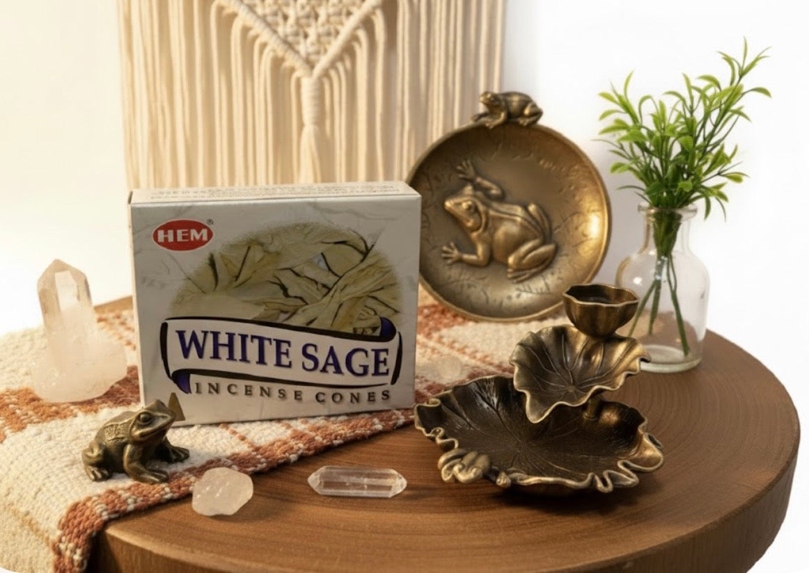 Box of HEM White Sage Incense Cones with bronze frog incense back flow burner on a wooden table with decorative items.