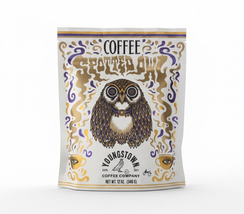 Coffee bag with owl design and 'Youngstown Coffee Company' branding on a white background