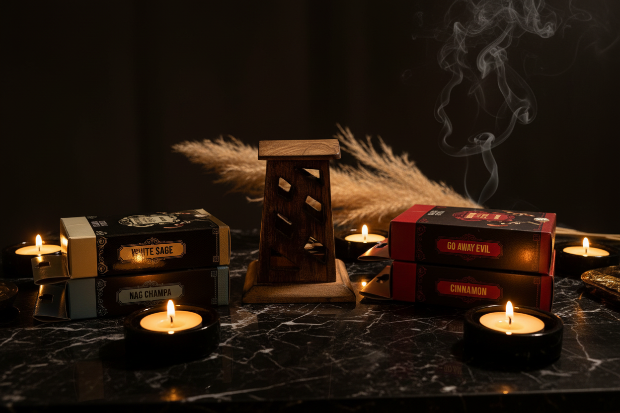 Candlelit scene with Soul Sticks incense boxes labeled 'White Sage' and 'Go Away Evil' on a dark surface.