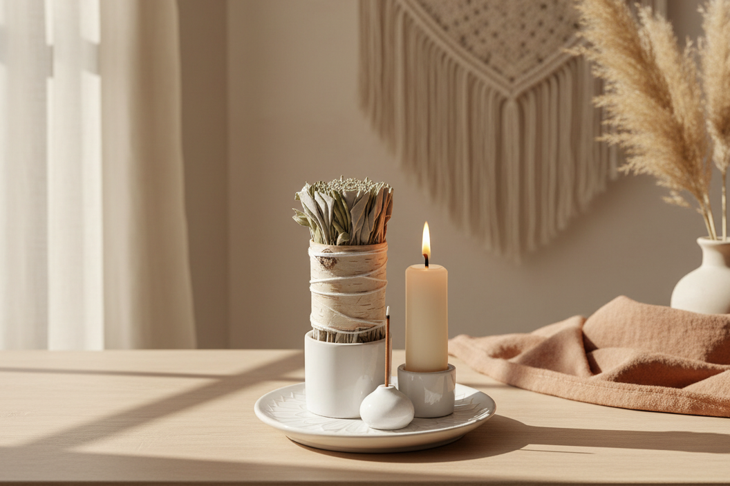Decorative setting with an all in one incense and candle burner, plants, and a macrame wall hanging on a neutral background.