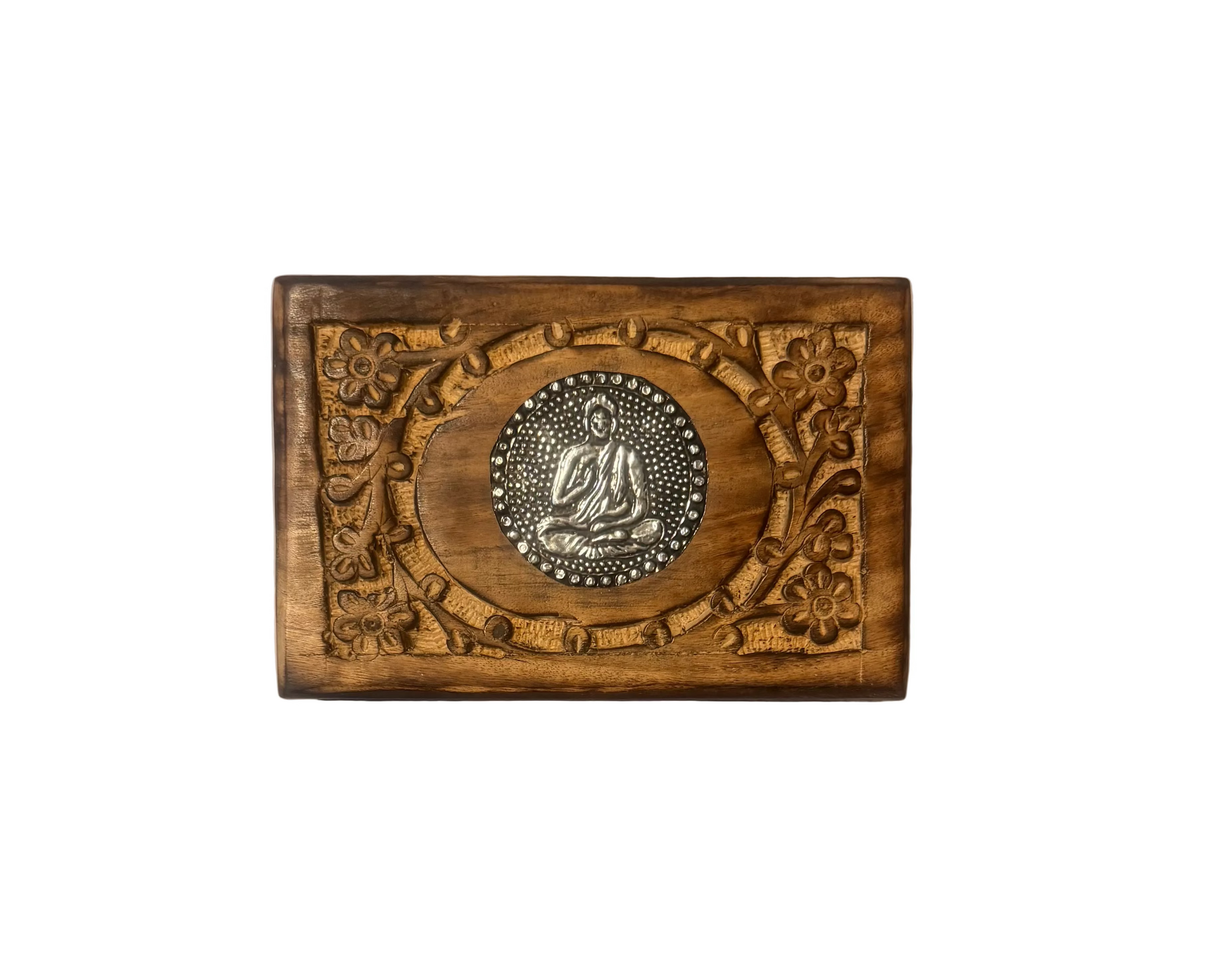Wooden box with Buddha figure in the center on a plain wall.