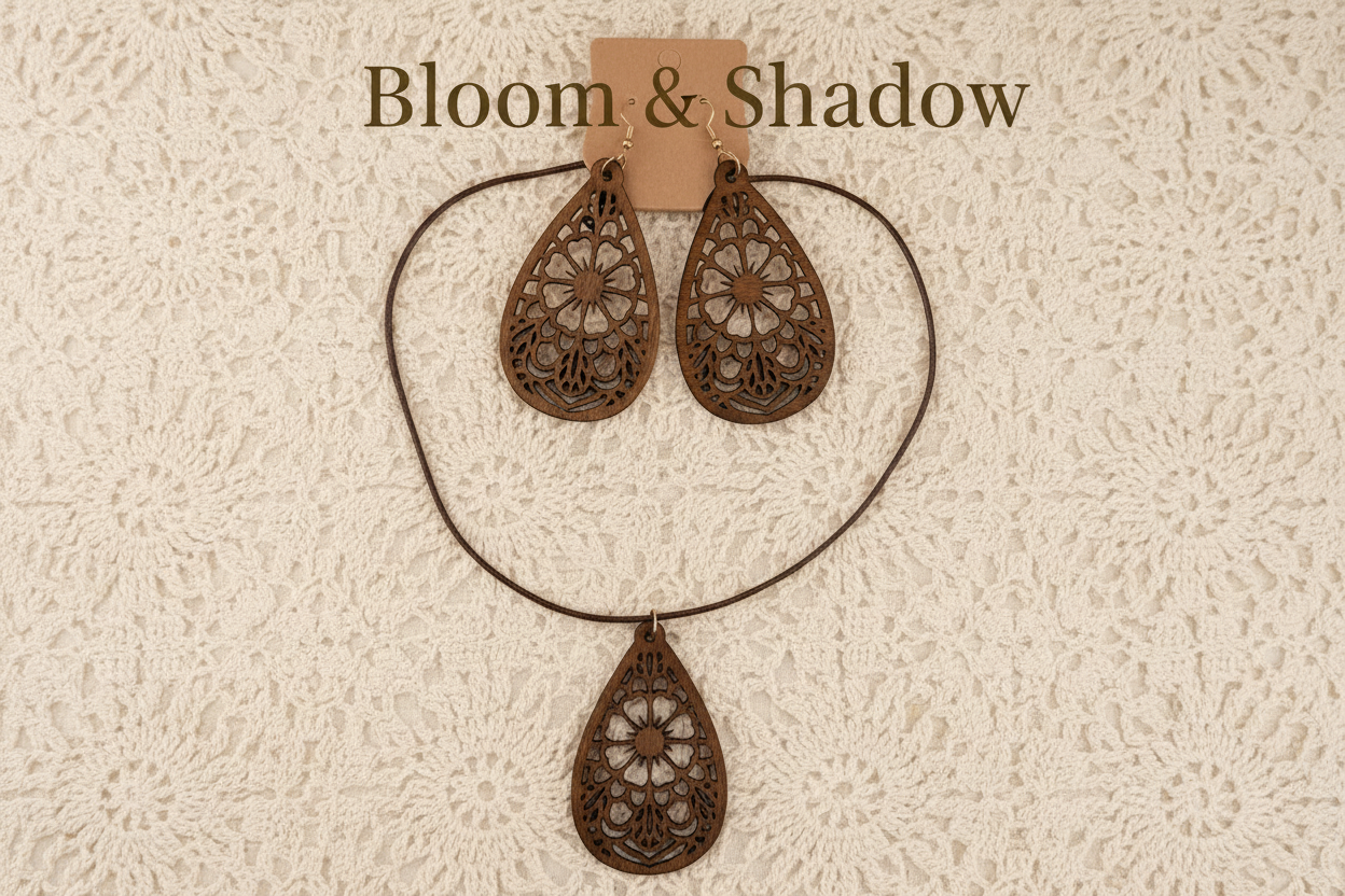 Boho Goddess Wooden Earring and Necklace Set - Lightweight Laser Cut Jewelry