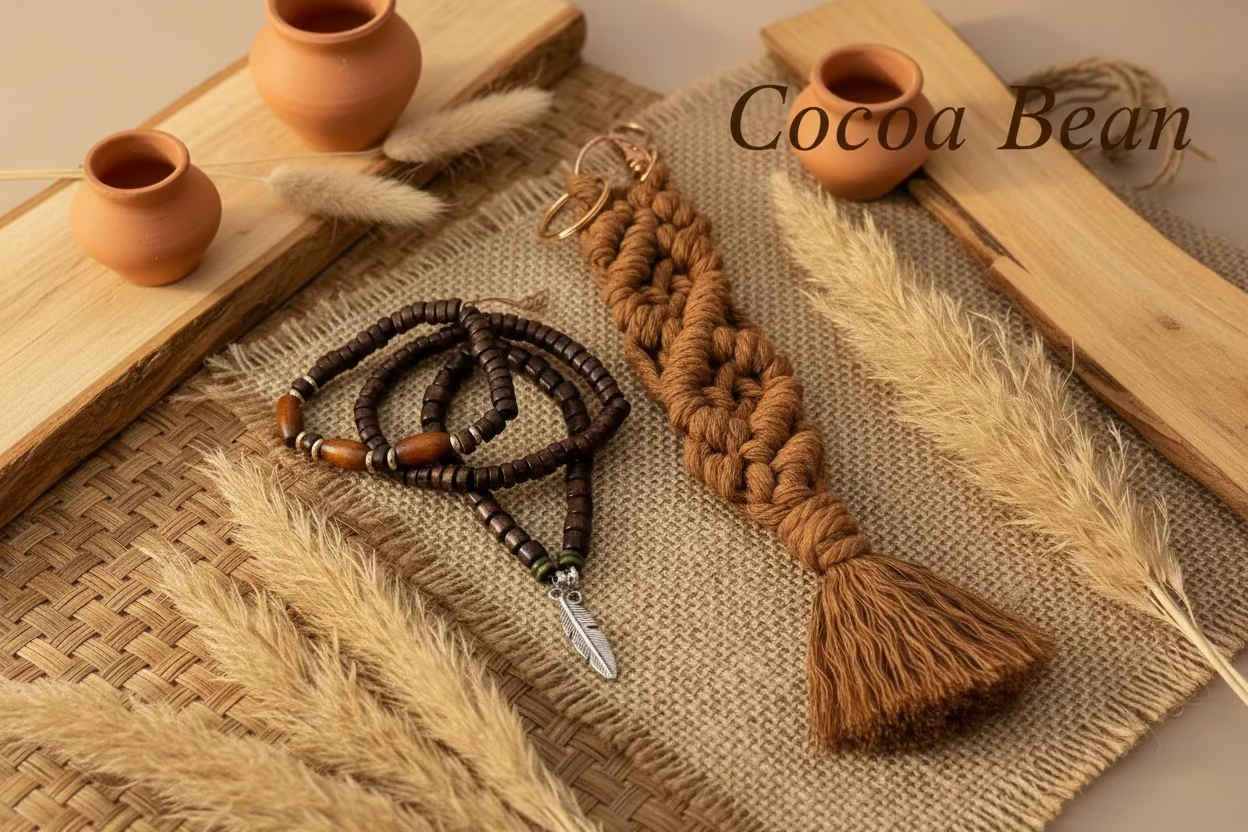 Decorative macrame keychain with braided design and tassel and stacked bracelets on a textured surface with small clay pots and dried plants