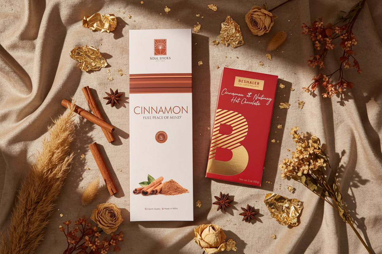 Two boxes of 'Cinnamon' and 'Hot Chocolate' on a textured surface with decorative elements.