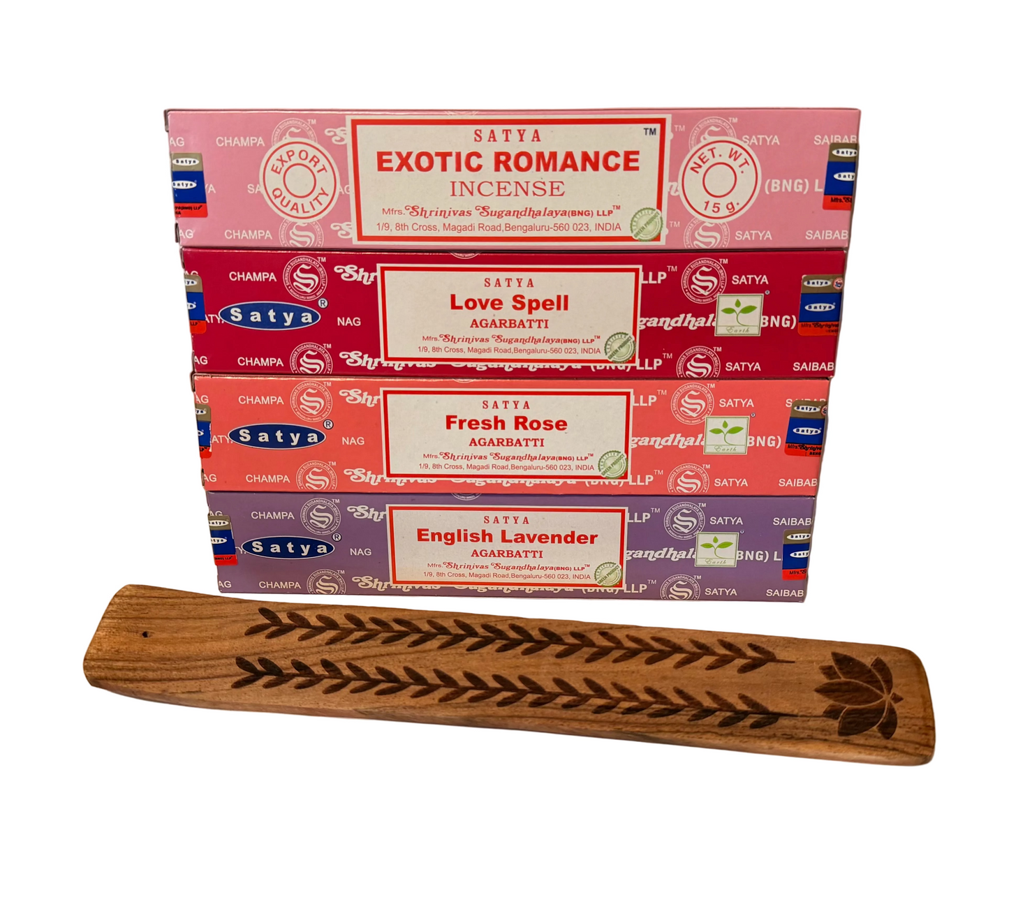 Love Spell Natural Masala Incense: Love Spell, Exotic Romance, Fresh Rose, English Lavender + 12” Holder