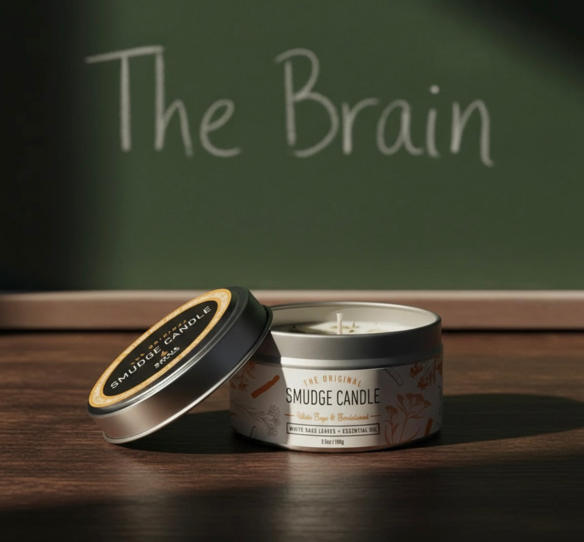 Smudge candle with lid on a wooden surface in front of a chalkboard with 'The Brain' written on it.