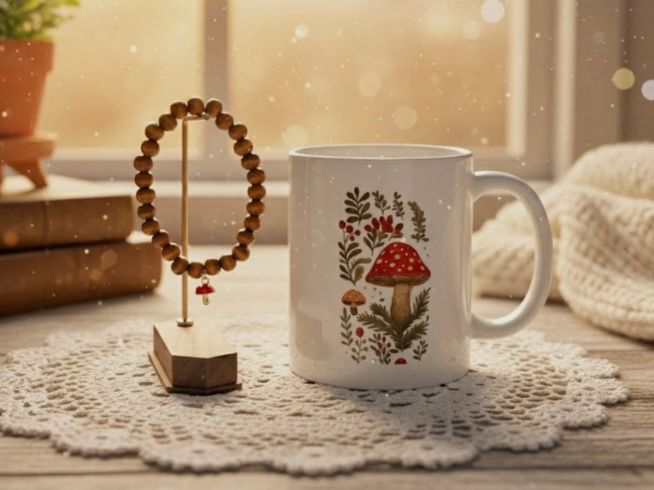 White mug with mushroom design on a doily, next to a wooden bracelet stand with mushroom charm bracelet.