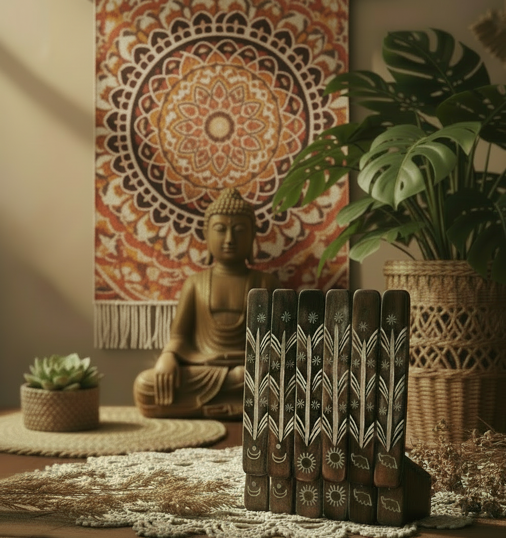 Decorative setting with a Buddha statue, mandala tapestry, and wooden incense holders with patterns.