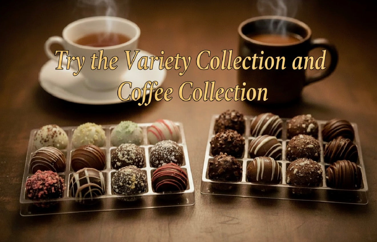Truffles in a box with two steaming cups of coffee on a wooden surface, promotional text overlay.