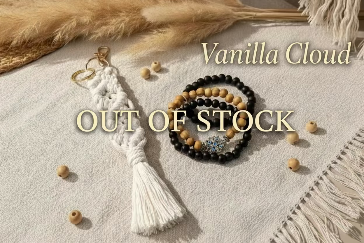 Macrame keychain with tassel and three beaded bracelets on a textured surface.