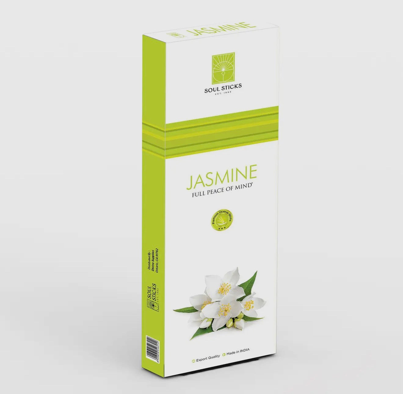 Box of Jasmine incense sticks with green and white design on a light gray background