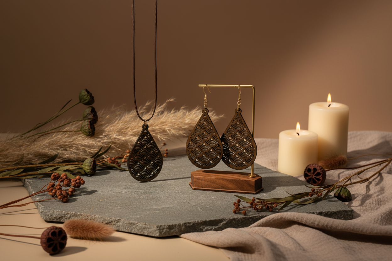 Boho Goddess Wooden Earring and Necklace Set - Lightweight Laser Cut Jewelry