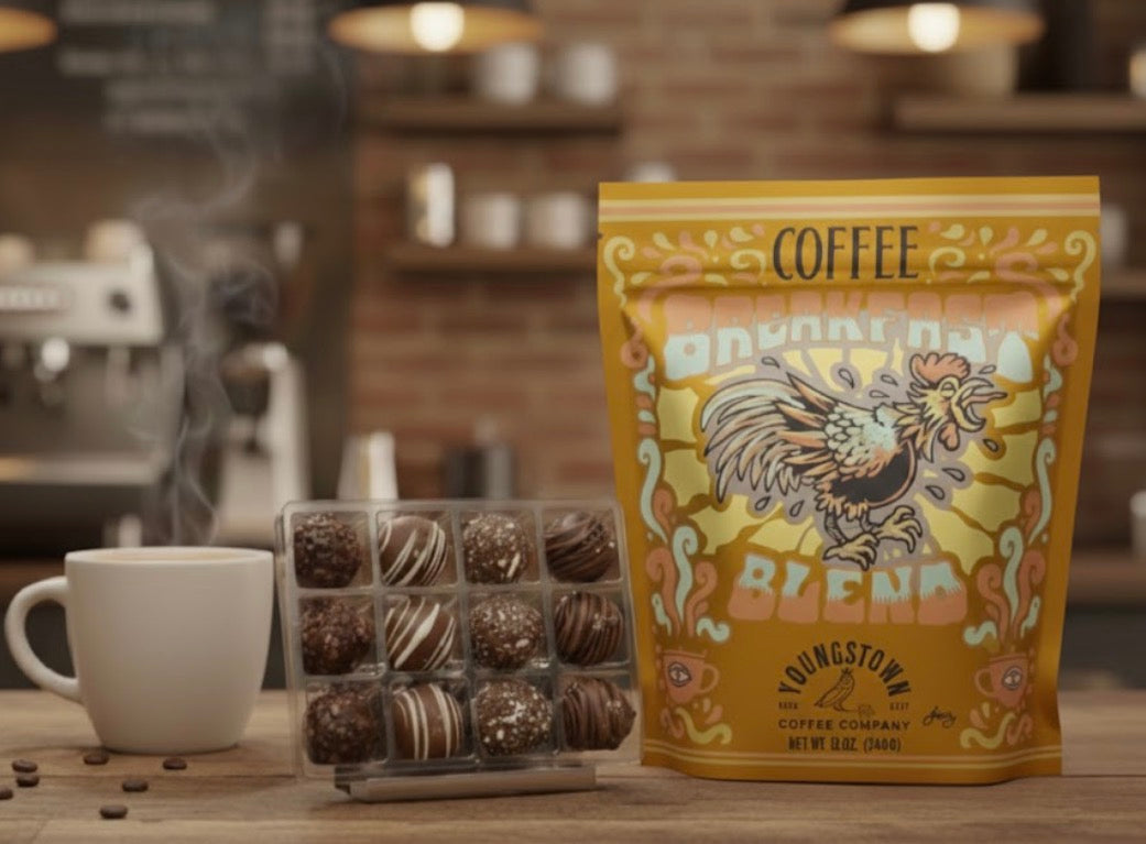 Youngstown Coffee Blend package with a coffee cup and chocolate truffles on a wooden table.