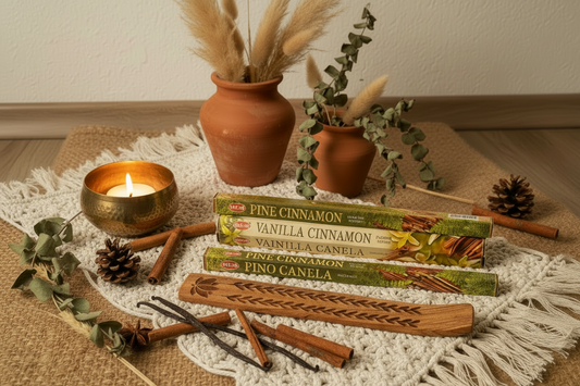 Vanilla cinnamon incense, and cinnamon pine incense with a wooden lotus incense burner on a Boho background