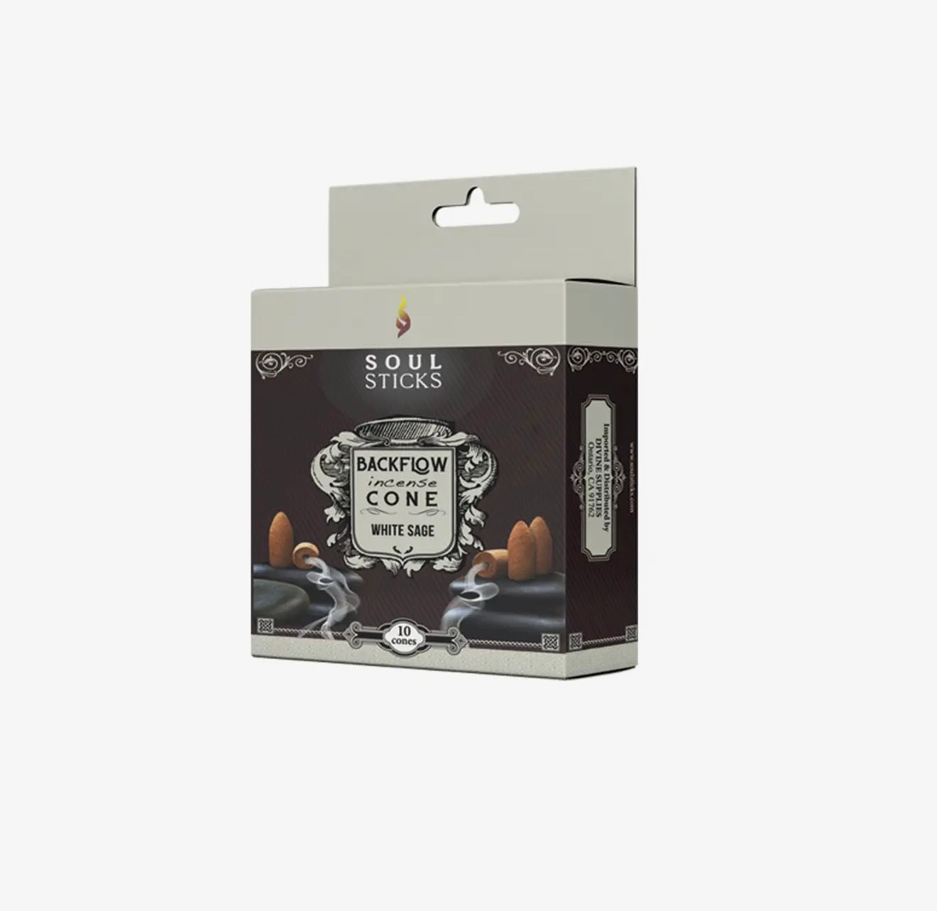 Box of Backflow Incense Cone White Sage with 'Soul Sticks' branding on a white background
