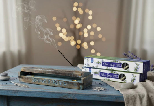 Antique Blue Floral Hand Carved Wooden Purifying Smoke Set • Blue Sage Incense