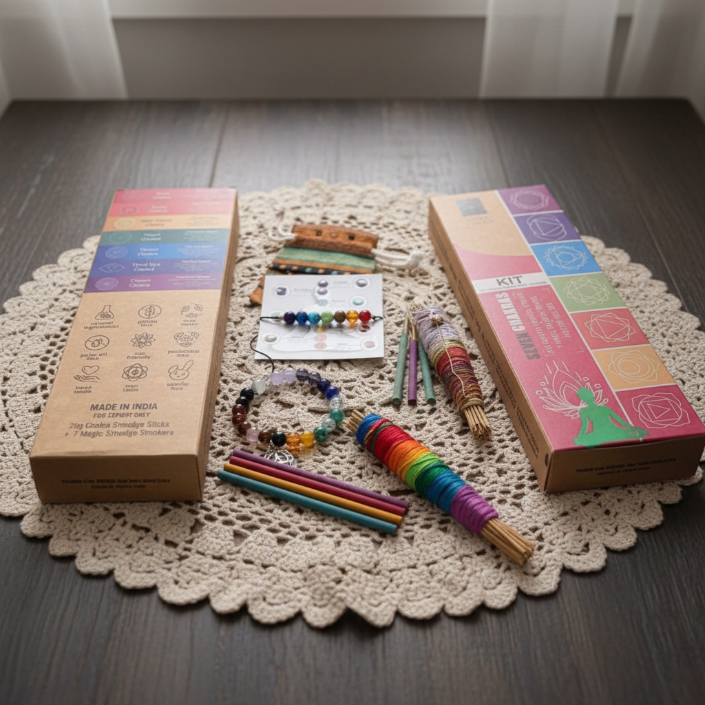 7 Chakras smudge kit with jewelry neutral background 