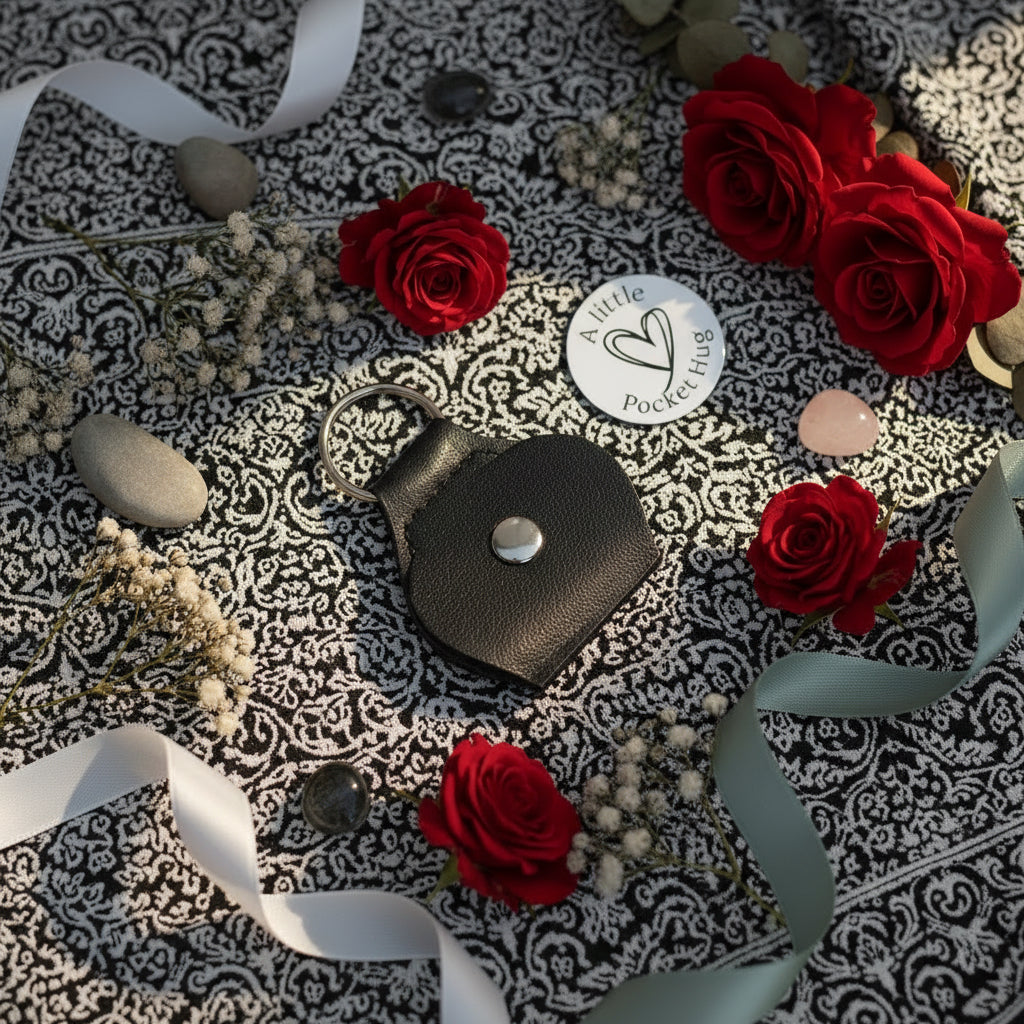 Black leather keychain with a silver keepsake on a neutral background with flowers 