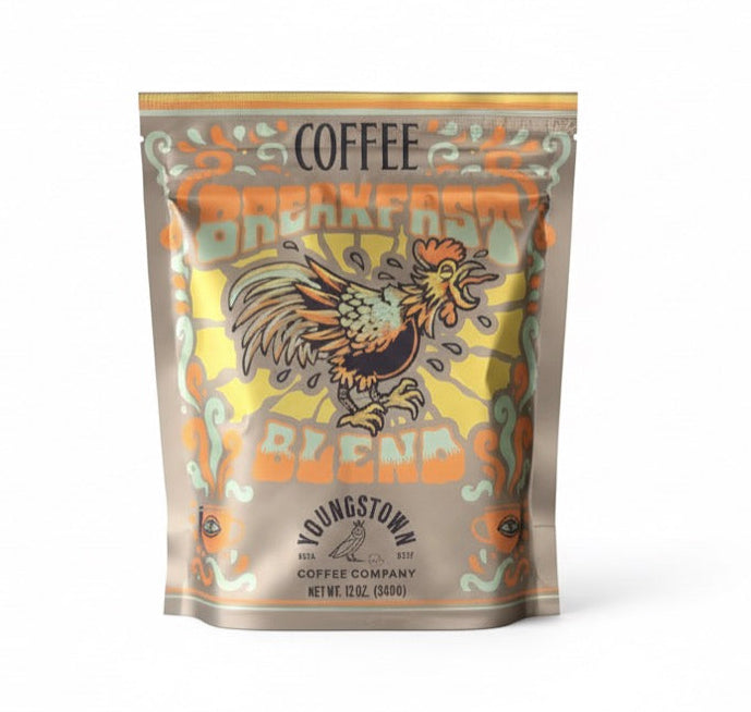 Coffee package with rooster design and 'Youngstown Coffee Company' branding on a white background