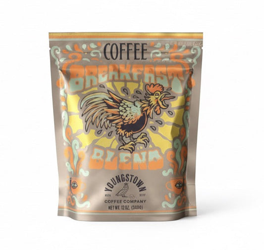 Coffee package with rooster design and 'Youngstown Coffee Company' branding on a white background