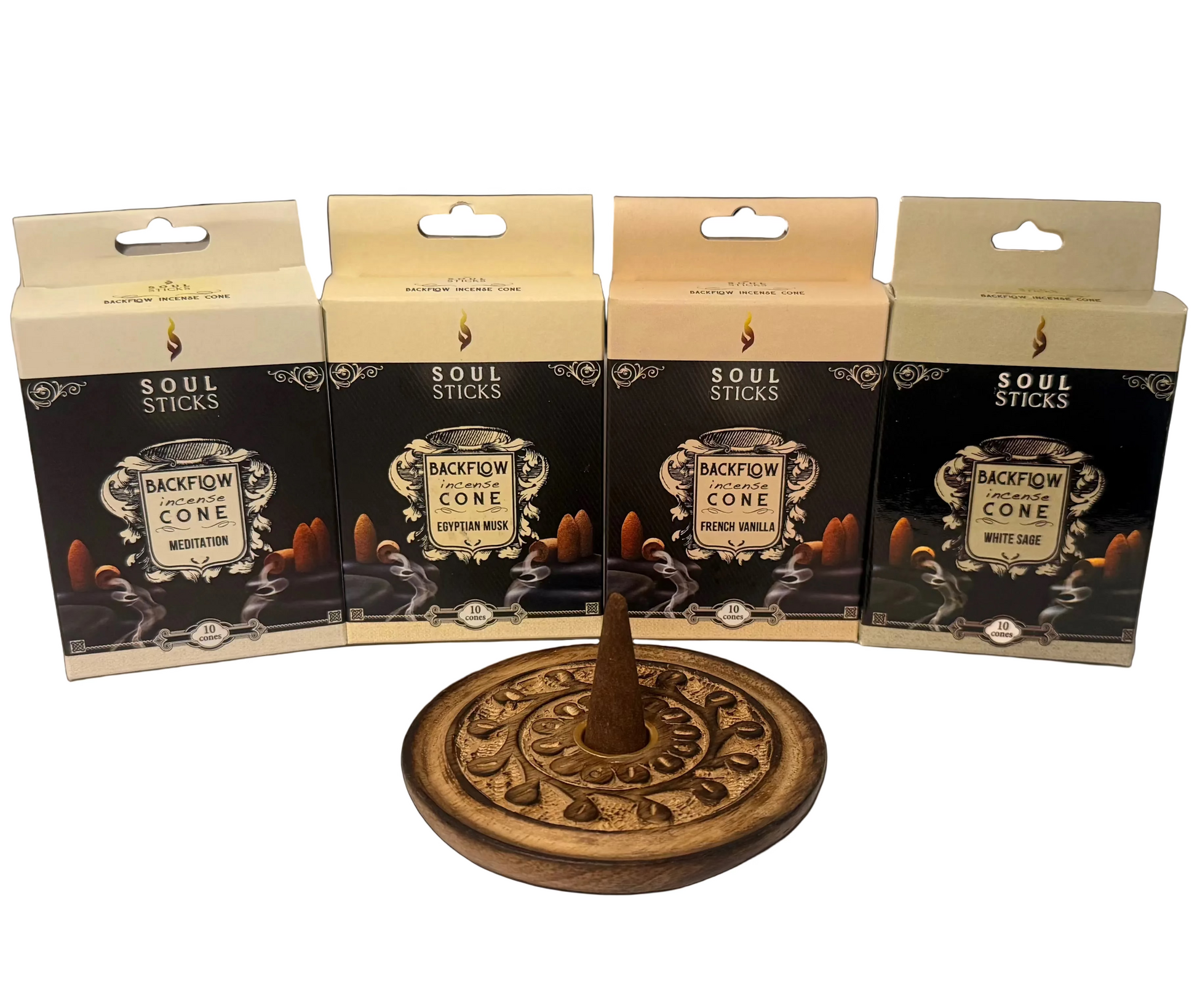 Soul Sticks incense cones packaging with a wooden incense burner on a white background