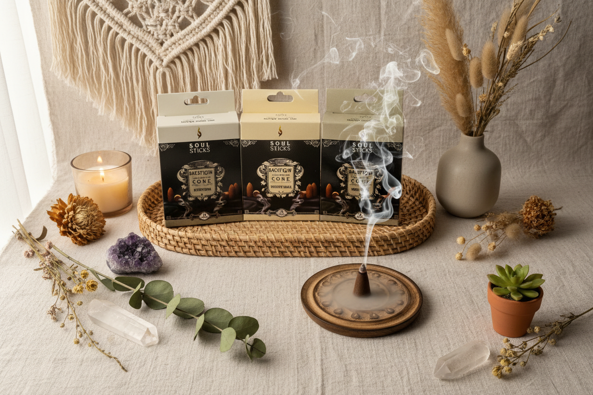Soul Sticks Incense Cones on a boho background 