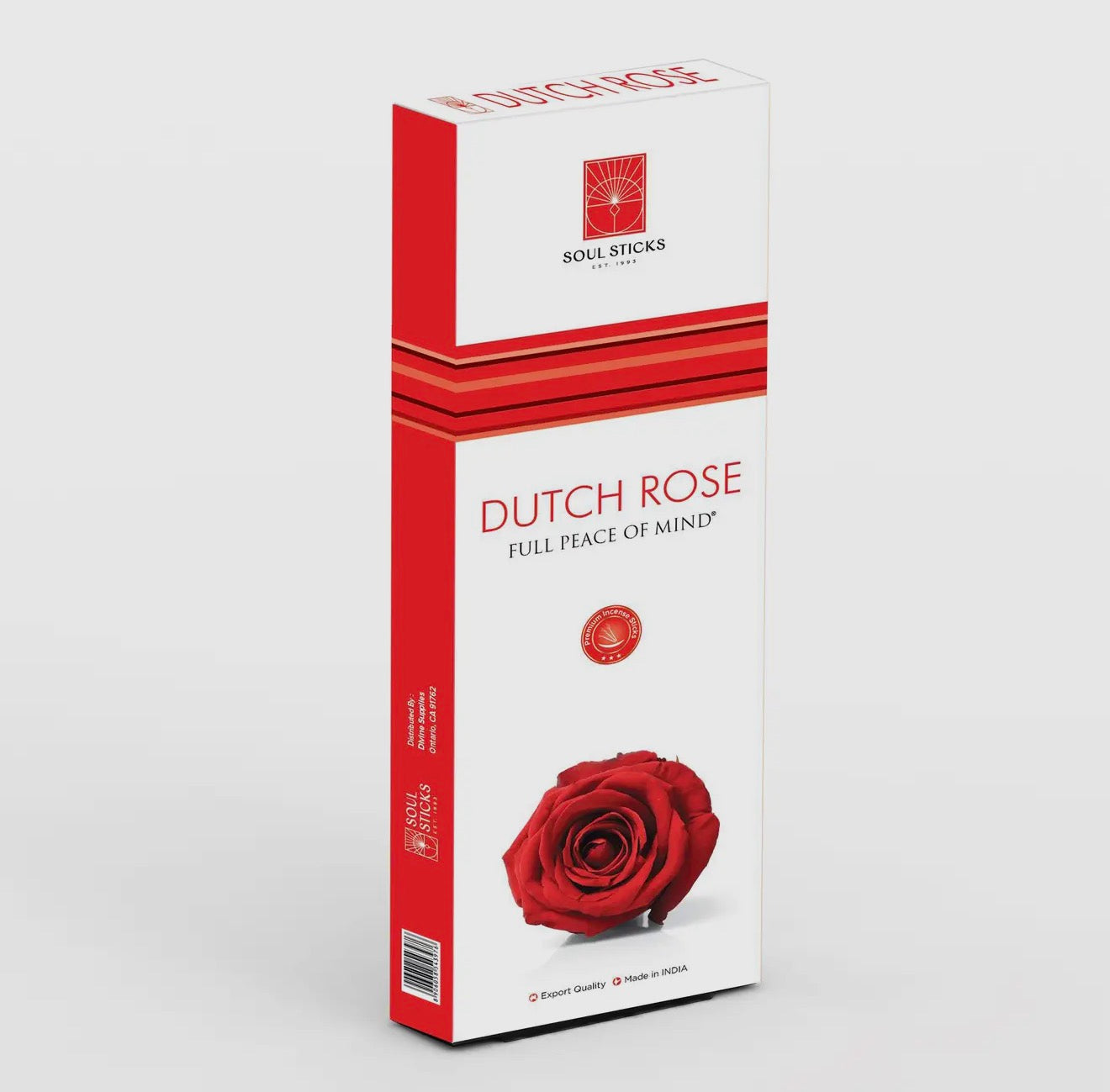 Scented incense stick packaging with 'Dutch Rose' branding on a white background