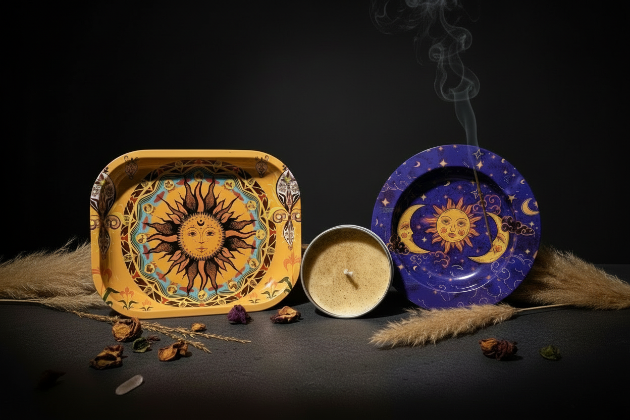 Decorative rolling tray, ashtray, and candle with sun and moon designs on a dark background
