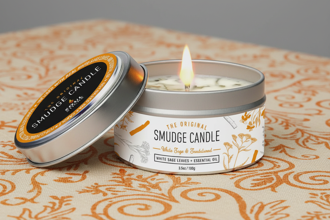Smudge candle in a tin with a lit wick on an orange and white patterned surface.