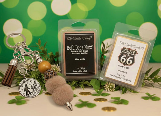 Big Foot Keychain, wax melts packaging, and decorative items on a green and beige background