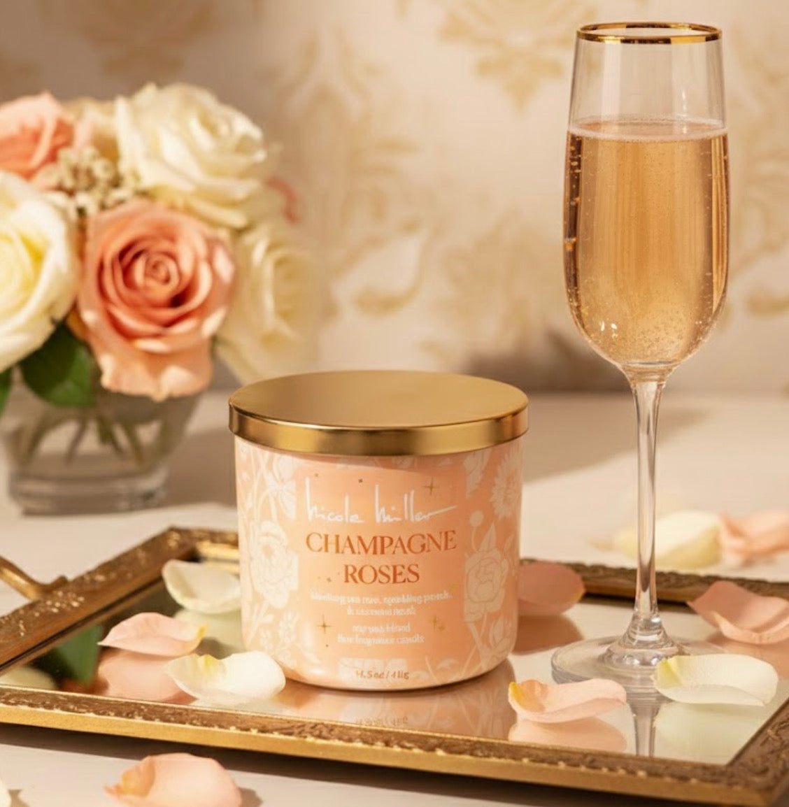 Nicole Miller Champagne Roses Candle - Blushing Tea Rose, Sparkling Peach & Coconut Musk