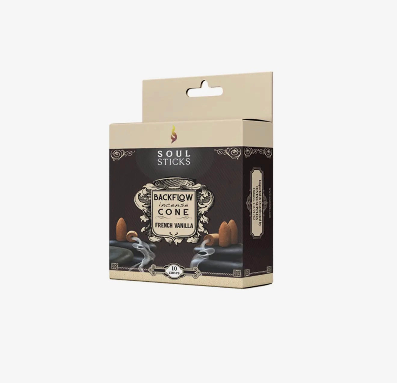 Packaging of Soul Sticks French Vanilla Backflow Incense Cone on a white background
