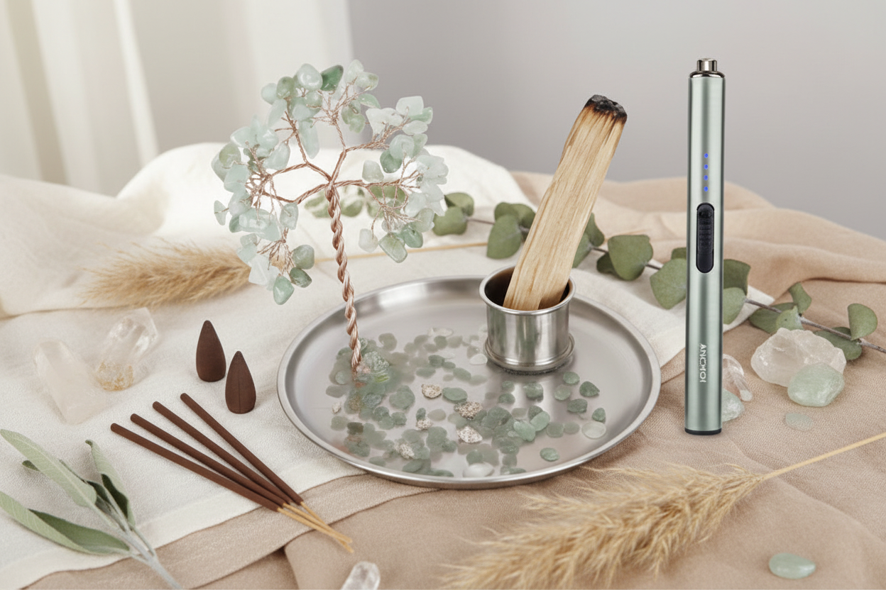 Tree & Tide Ritual Set: Gemstone Holder, Rechargeable Lighter, Incense.