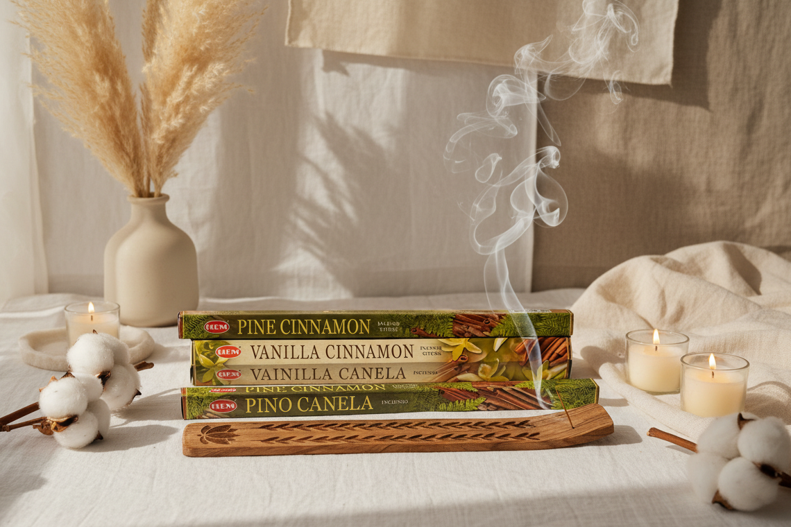 Pine cinnamon incense and vanilla cinnamon incense with a wooden lotus burner with a clean white background with candlelight