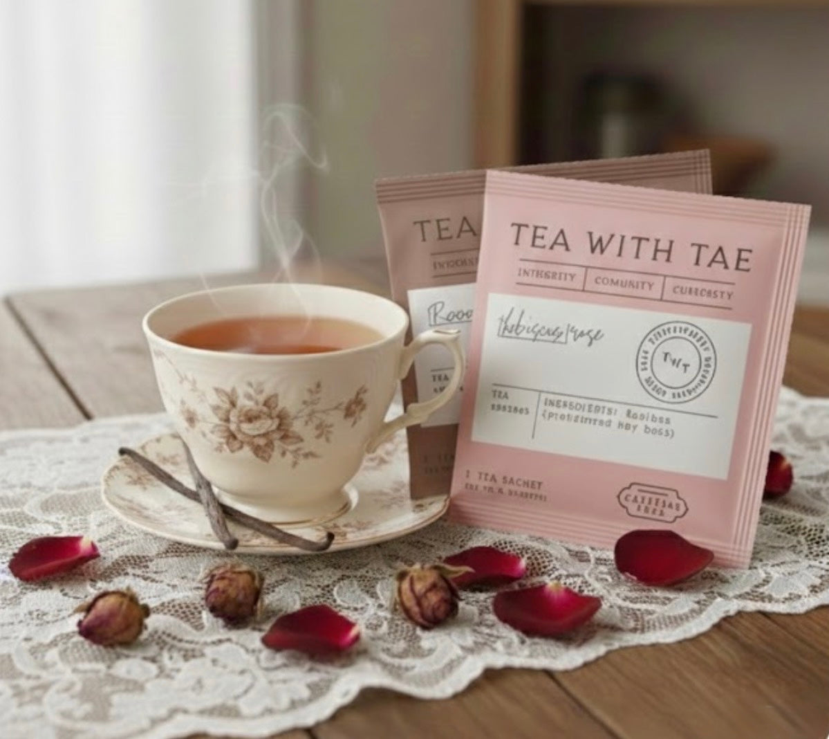 Steaming cup of tea with 'Tea with Tae' tea bags on a lace tablecloth.