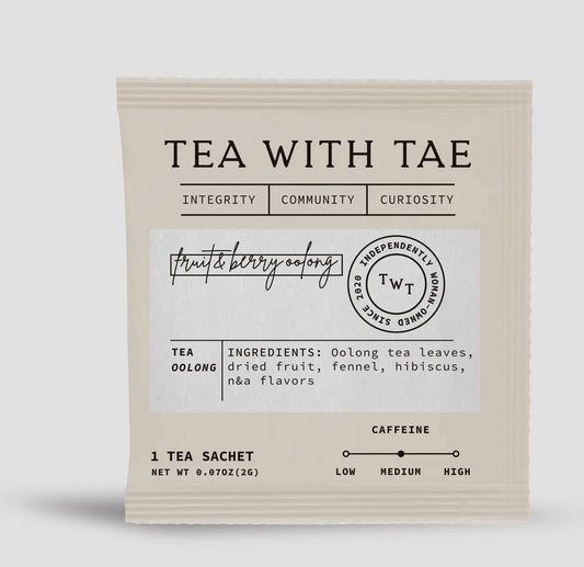 Tea package with 'Tea with Tae' branding on a white background