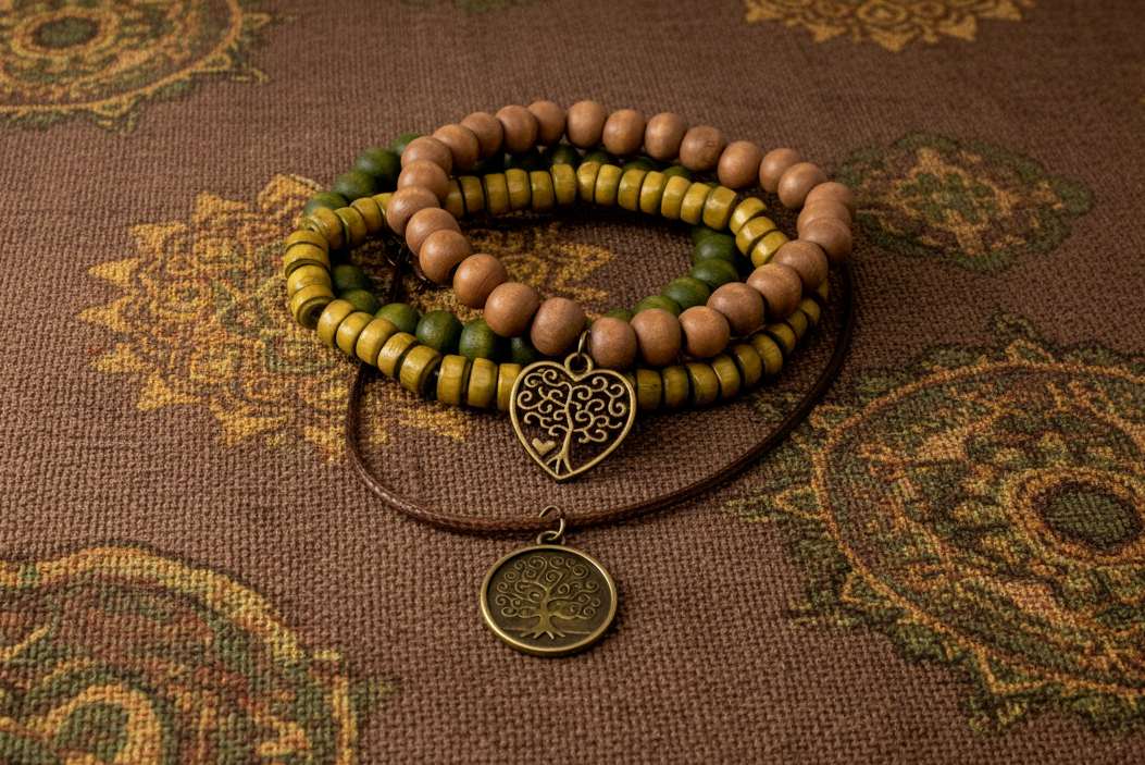 Stack of beaded bracelets with a heart-shaped treecharm on a patterned fabric background